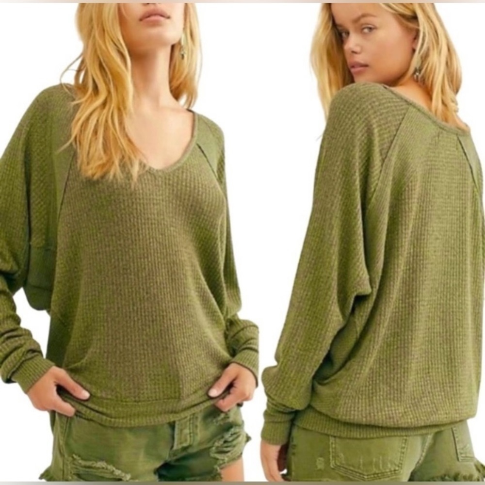 NWT Free People Santa Clara Slouchy Thermal Waffle Knit Top Army Green Size M - Picture 3 of 13